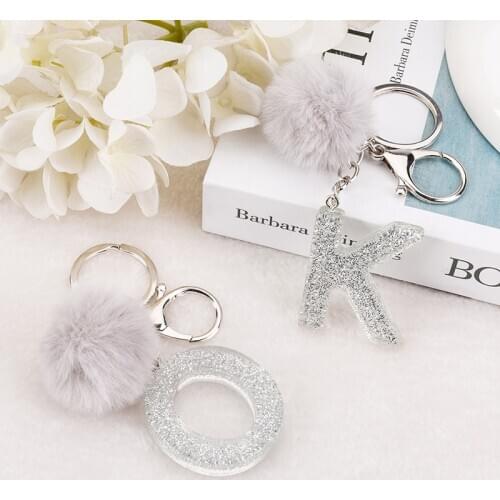1PC Keyring Silver Color English Letter Resin Keychain with Puffer Ball 26 Words A TO Z Handbag Charms for Woman