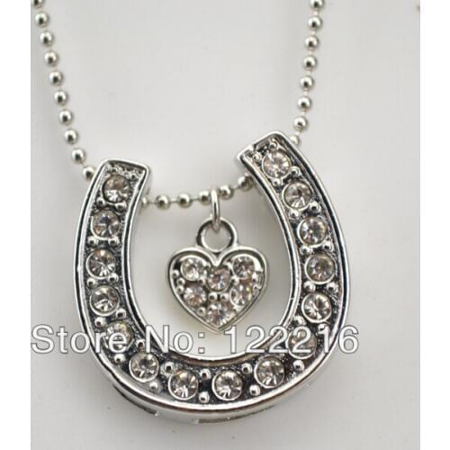 5pcs a lot Imitation Rhodium plated white crystal horse Shoe with heart pendant Necklace