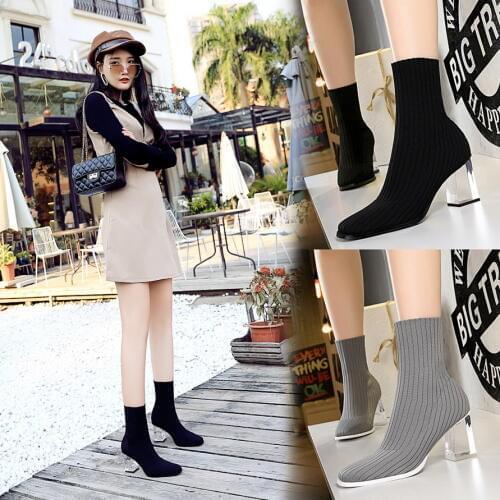 BIGTREE Sexy Sock Boots Knitting Stretch Boots transparent heels Womens Luxury Designers 2019 Fashion Shoes Booties Female