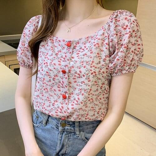 Slim Korean Fashion Flower Shirt Women Pullover Button Casual Blouse Woman Clothes 2021 Summer Tops Short Sleeve Chemisier Femme