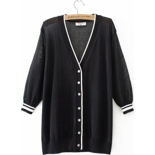 Plus Size Tops Womens Korean Fashion Cardigan Summer New Thin Casual V Neck 3/4 Sleeve Female Black/ White Knit Coat Bluzki 4XL