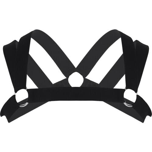 Men Double Shoulder Straps Elastic Chest Muscle Harness Belt with Metal Rings Fancy Club Party Sexy BDSM Bondage Costume
