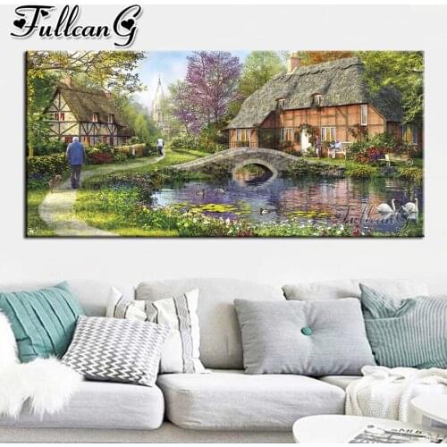 FULLCANG Cottage by the Brook large diamond painting cross stitch 5d diy full square round drill mosaic embroidery kits FC3734