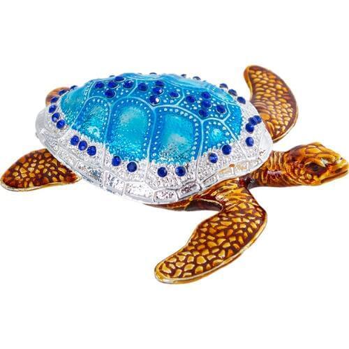 H&D Hand Painted Bejeweled Sea Turtle Boxes Hinged Jewelry Trinket Box Ring Holder Collectives Gift Home Wedding Decoration