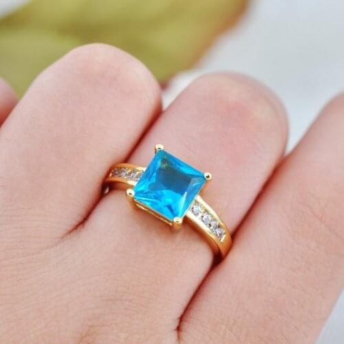 Cute Female Crystal Blue Stone Ring Vintage Yellow Gold Color Wedding Rings For Women Small Bride Square Zircon Engagement Ring