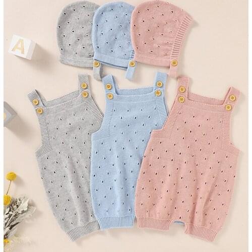 Autumn Infant Kids Baby Boy Girl Pure Color Sleeveless Braces Jumpsuit Newborn Baby Boy Girl Rompers + Hat Baby Clothes Rompers