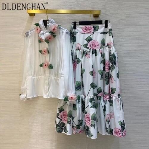 DLDENGHAN Fashion Appliques Stand Collar Long Sleeve Tops + Elegant Print High Waist Long Skirt Two-Piece Set Autumn New