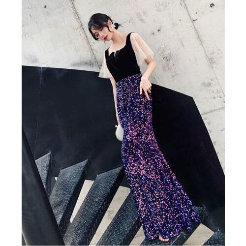 Fashion Tulle Ruffle Sleeves Velvet Sequins Evening Gown Floor Length Prom Dress Custom Made