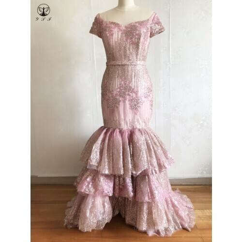 Simple but Elegant Illussion O Neck Bling Bling Glitter Fabric Short Sleeve Rose Pink Mermaid Prom Dresses