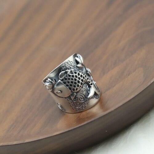 New Handmade Silver Open Ring Carved Pattern Fish Brushed Wide Version Silver Jewelry Ethnic Men and Women Jewelry