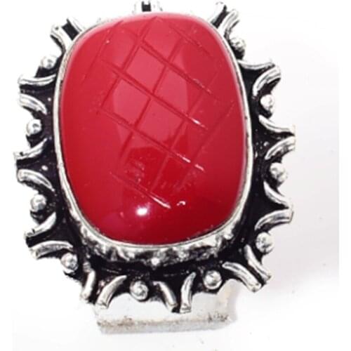 Carved Coral Ring Silver Overlay over Copper Hand made Jewelry Women Gift , Size : 6.5