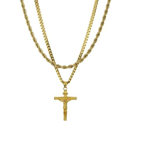 Luxury Hip hop Rock Stainless steel Necklace Set 5mm Cuba Twist Rope chain Jesus Cross Pendant men Necklaces for women jewelry