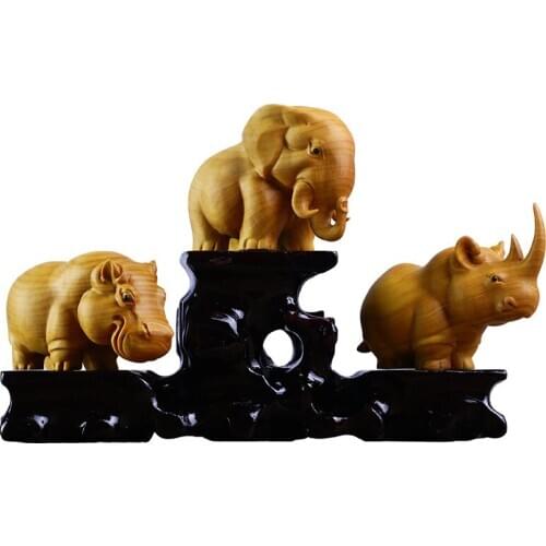 BOXWOOD CARVING HANDICRAFTS HOME ANIMALS DECORATIVE ORNAMENTS RHINO ELEPHANT HIPPOPOTAMUS FIGURINES DESKTOP DECORATION R2442