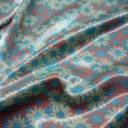 Daisy Flowers Floral 100% Polyester Silky Satin Fabric fashion