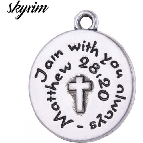Skyrim 10pcs Round Religious Charm DIY Jewelry Making Mathew 28:20 I Am with You Always Word Engraved with Cross Design Jewelry