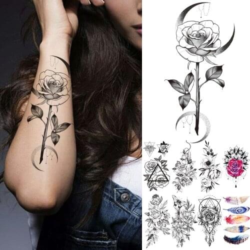 Rose Moon Flower Temporary Tattoo Stickers For Women Girls Geometry Sexy Feather Fake Tattoos DIY Unique Disposable Tattos