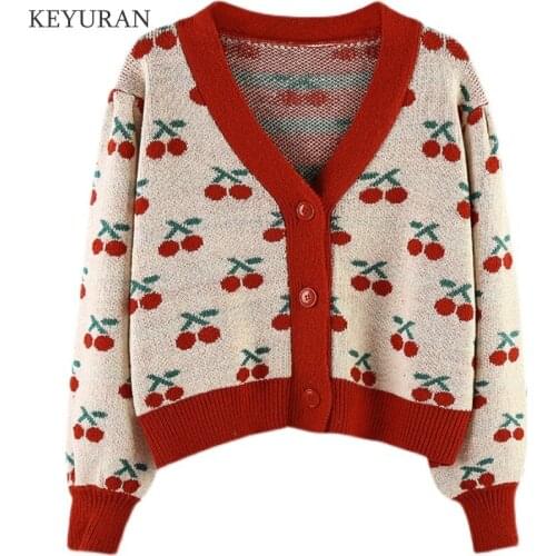 Vingtage Cherry Jacquard V-neck Long-sleeved Sweater Women 2021 Autumn Winter New Korean Loose Short Cardigan Sweaters Coat
