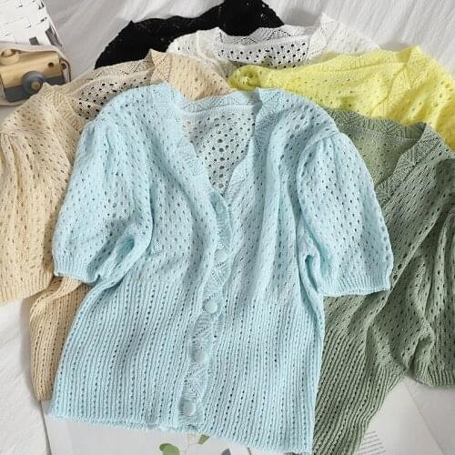 Fashion Hollow Out Puffs Sleeve T-shirt Women Summer V-neck Cardigan Korean Single Breasted Crop Top causal Streetwear