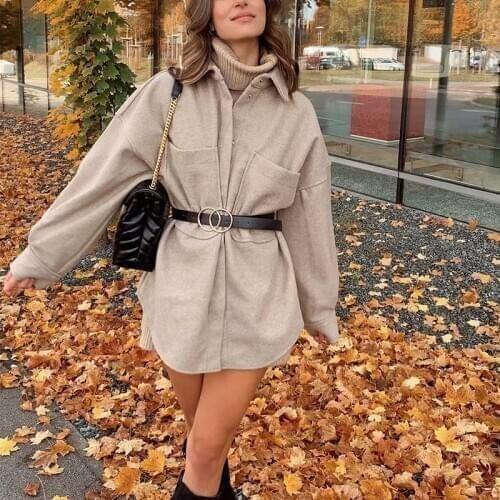 Women Fashion Loose Woolen Long Jacket Za 2021 Vintage Pockets Chic Autumn Winter Thick Shirt Coats Mujer Elegant Jacket