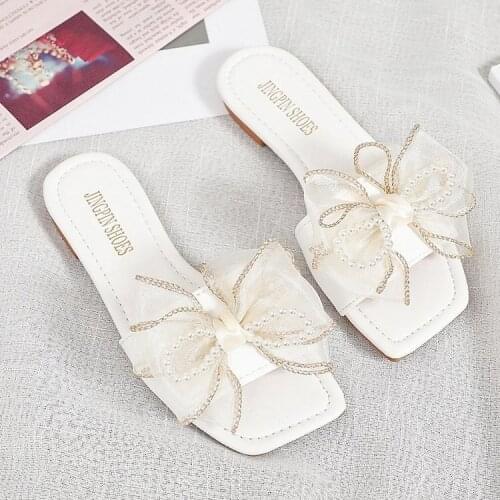 2021 Summer Women Flat Slippers Home Shoes Non-slip Bow Decoration Leather Outdoor Slippers Ladies Open Toe Beach Shoes