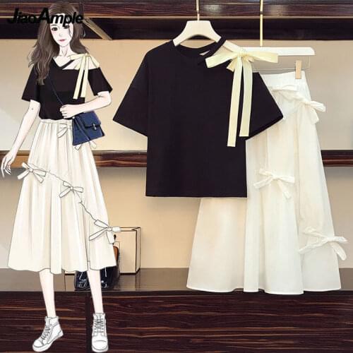 Plus Size Short Skirt Set 2021 Summer High Waist Bow Sexy Light Dress Female Sweet Off-The-Shoulder T-Shirt Top Skirts Two Piece