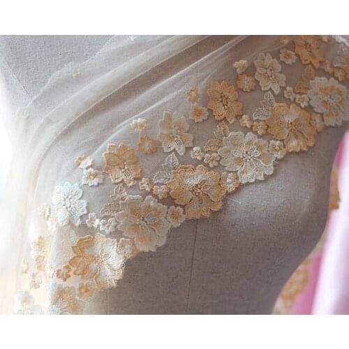 2 Yards Lace Trim Light Beige Floral Embroidered Tulle Lace 7.87 Inches Wide