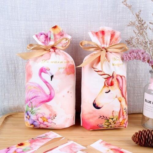 50pcs Flamingo Unicorn Plastic Drawstring Bag Candy Bag Valentines Day Birthday Party Wedding Decor Festival Event Supplies