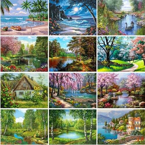 5D DIY Diamond Painting Scenery Spring Full Square/Round Drill Diamond Embroidery Mosaic Landscape Tree Villa Home Decoration