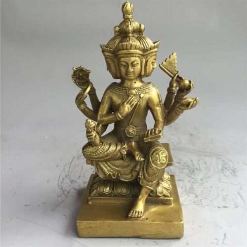 6" Chinese old antique bronze brass Four faces Buddha statue Sculpture