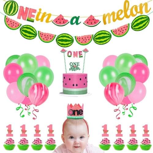 One In A Melon Watermelon Summer Fruit Themed Boy Girl first 1st 1 year old Birthday party Decoration banner cake topper balloon