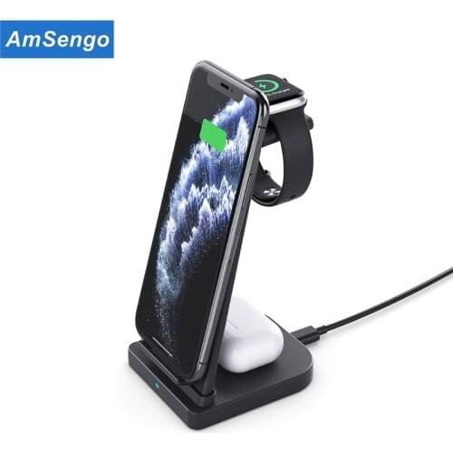 Amsengo Wireless Charger Stand 3 in 1 Qi 10W Fast Charging Dock Station for Apple Watch iWatch 6 5 4 AirPods Pro iPhone 12 11 8