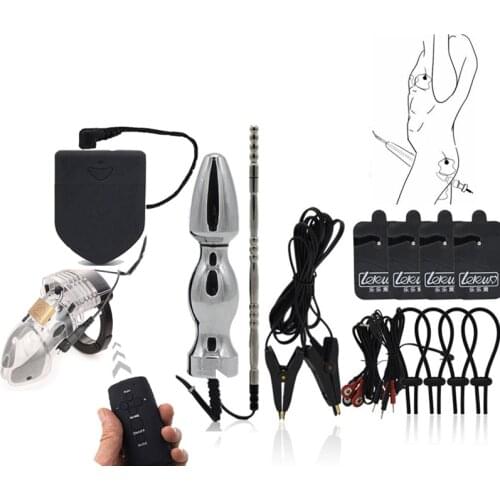Wireless Remote Electric Shock CB6000 Chastity Device Cock Cage For Man,Electro Anal Plug Penis Ring Catheter Chastity Belt