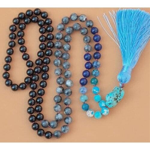 8mm Black agate 108 Beads Tassel Knotted Necklace Bless Buddhism Healing Pray Bracelet Classic Wrist Spirituality Wristband