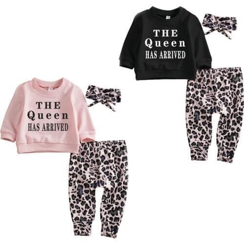 FOCUSNORM 0-24M Newborn Baby Girls Boys Clothes Sets Letter Long Sleeve Pullover Sweatshirt Tops Leopard Pants Headband