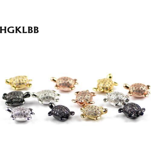 HGKLBB 4pcs Micro Pave Zircon Turtle Pendants Copper Spacer beads Metal Charms Loose beads Jewelry making bracelet DIY Findings