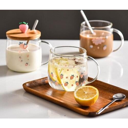 Cute Cartoon Strawberry Transparent Coffee Mug with 3D Lid Spoon High Borosilicate Glass Milk Juice Cup Drinkware Novelty Gift