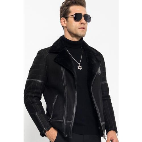 Mens Shearling Jacket Casual Genuine Leather Lapel Motorcycle Short Coat Flight Jacket B-3 Bomber TJ8163