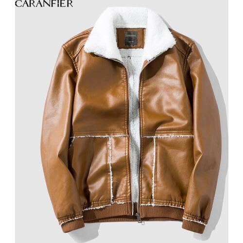 CARANFIER Mens Leather Jackets Lamb Fur Bomber Flight Coats Male High Quality Brand Fashion Winter Warm Fur Lining Coats XS-4XL