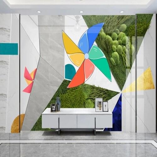 Custom 3D Photo Wallpaper Mural Creative Abstract Green Plant Paper Windmill Decorative Wall Painting Background Papel De Parede