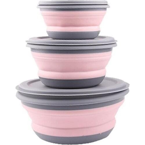 3Pcs/Set Bowl Sets Silicone Folding Lunch Box Folding Bowl Portable Silicone Folding Bowl Foldable Salad Bowl with Lid Pink