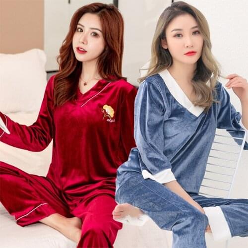 Plus Size Long Sleeve V-neck Gold Velvet Pajama Sets for Women Autumn Winter Sleepwear Suit Pyjama Homewear Pijama Mujer Clothes