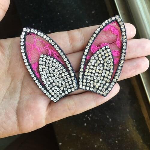 Bling 2pc /lot lace Rabbit Ears Sparkling Rhinestone Clothes Patches Hot drilling DIY Appliques Bling Iron-on Patches for dress