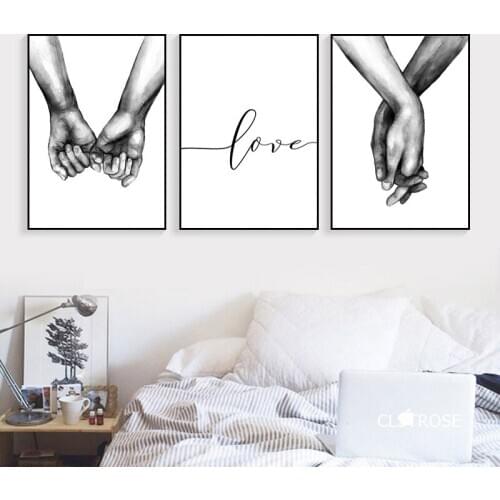 Canvas Prints Nordic Poster Black And White Holding Hands Lover Wall Pictures For Living Room Home Minimalist Decor Unframed