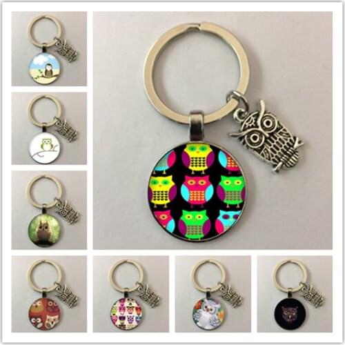 Cute cartoon owl on the tree keychain glass cabochon animal owl birds glass dome ornament gift keychain