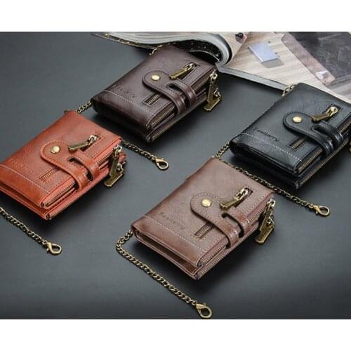 Mens Wallet Genuine Cowhide Leather Vintage Double Zipper Coin Purse Small Mini Card Holder Fashion Design Chain Male Wallet