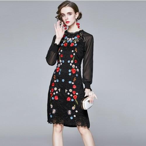 2020 High Quality Floral Embroidery Black Lace Dress Women Long Sleeve Vintage Dress Lady Office Dresses European Fashion