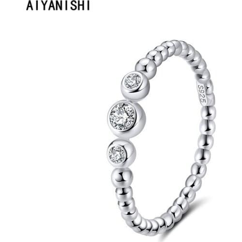 AIYANISHI 925 Sterling Silver Wedding 3 stones Full Eternity Band Ring For Women Beads Band Rings Girl Party Lover Ring Jewelry