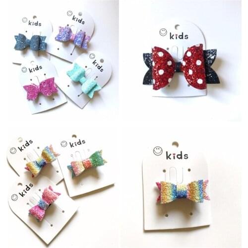 10pcs/lot Rainbow Color Glitter Leather Bow Hair Clip Red Bow White Dot Hairpin Hot Pink Blue Girls Princess Fairy Barrette