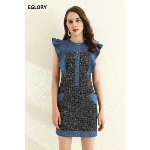 2020 Autumn Winter Fashion Denim Dress High Quality Women Wool Patchwork Ruffle Floral Deco Sleeveless Bodycon Sheath Dress