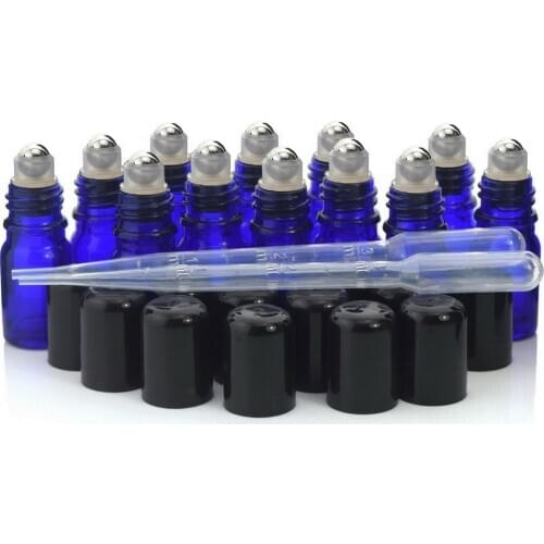 12 X 5ml Cobalt Blue Glass Bottles Roll on Vials with stainless steel roller ball cap lid for perfume essential oil aromatherapy
